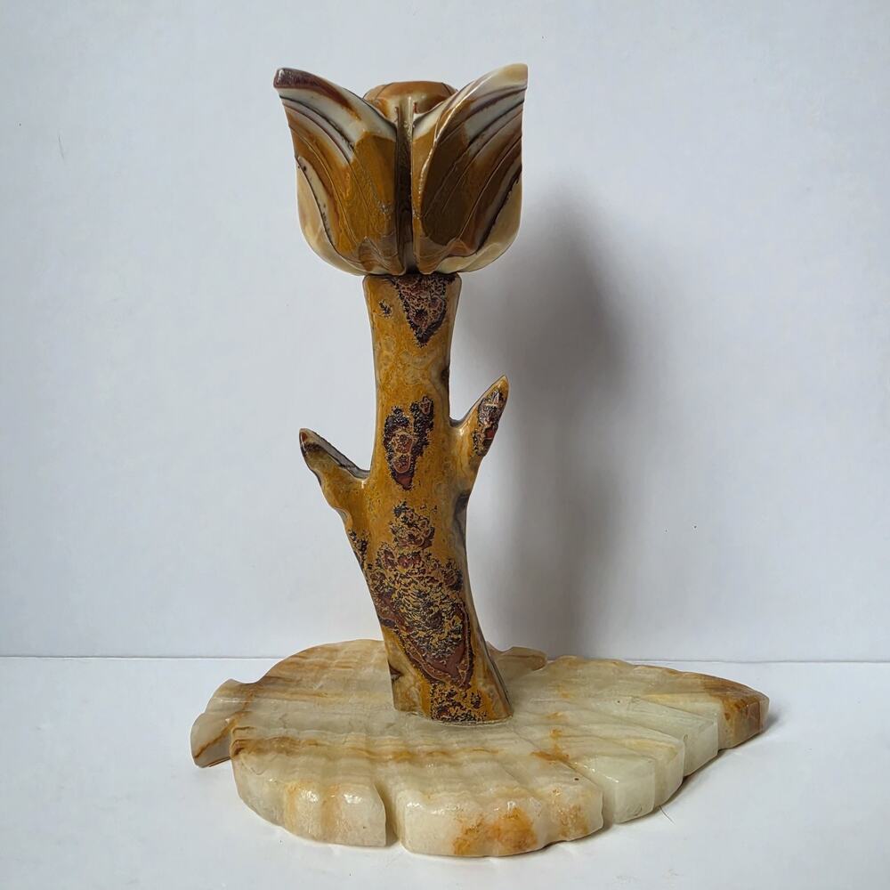 Vintage Onyx Marble Tulip Candlestick Candle Holder Carved Stone Leaf Base 7.5"